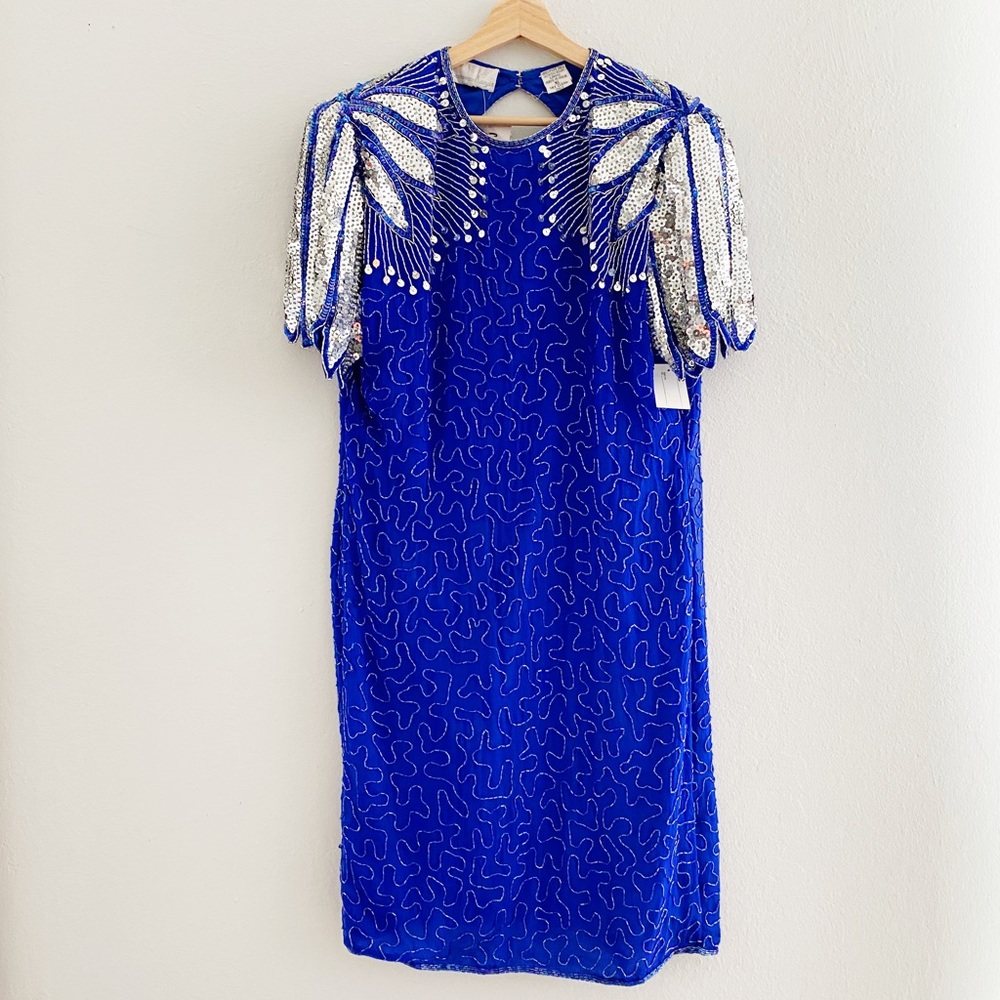 Laurence Kazar Vintage 1980s Dress Blue with Silver Peacock Shoulder Details XL